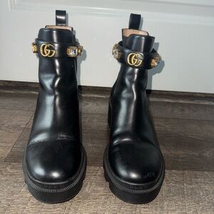 Gucci Calfskin Crystal GG Trip Chelsea Ankle Boots, size 38